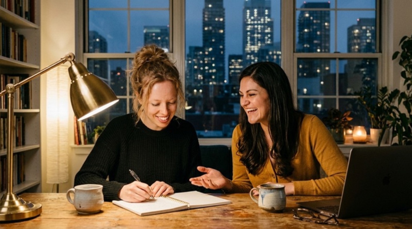 Leonie and Karina working together in the evening