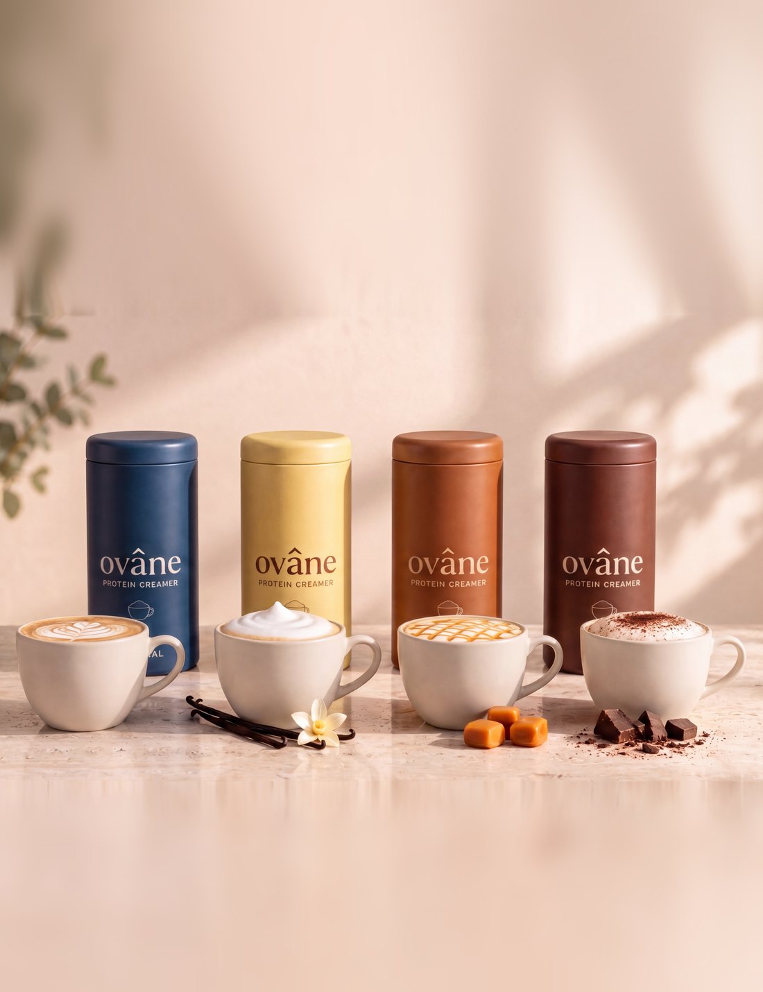The four ovane tins, Original, Vanilla, Caramel and Mocha, each with its coffee